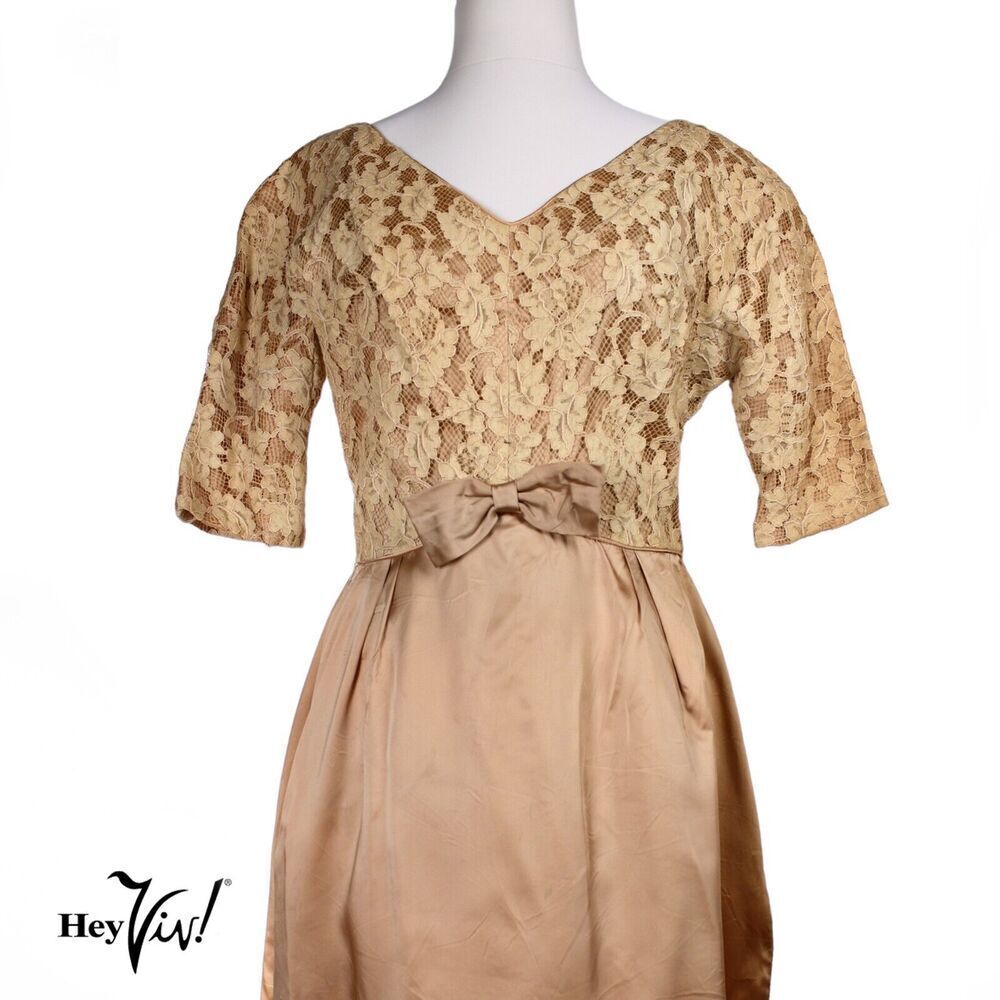 Vintage 50s 60s Emma Domb Satin Lace Party Dress w Crinoline B36 W 29 - Hey Viv - Picture 2 of 9